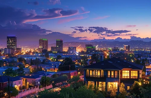 City skyline at sunset
