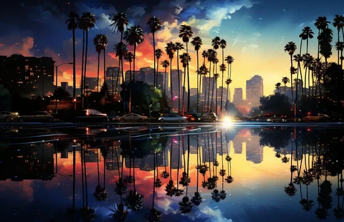 City skyline at sunset with palm trees