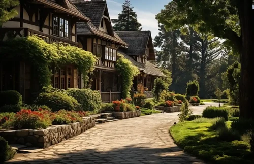 Cottages surrounded by trees