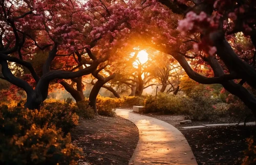 Park with blossoming trees at sunset