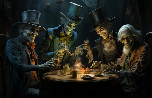 Spooky skeletons sitting around a table