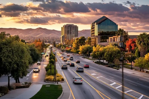 Busy road with mountains in the background