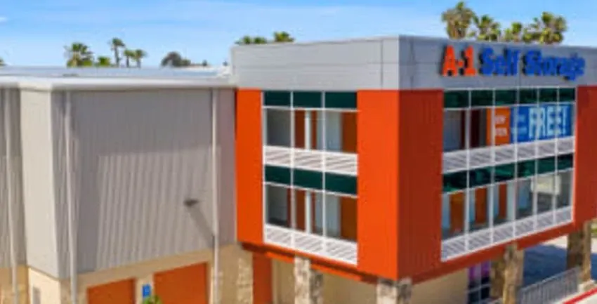 Overhead view of an A-1 Self Storage complex showing the layout of the storage units and the overall facility.