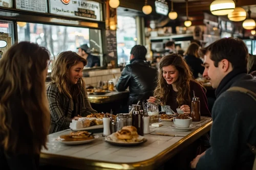Four young adults eating brunch