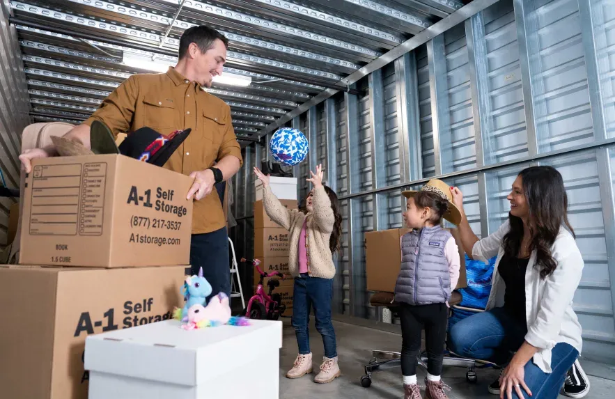 Family inside storage unit