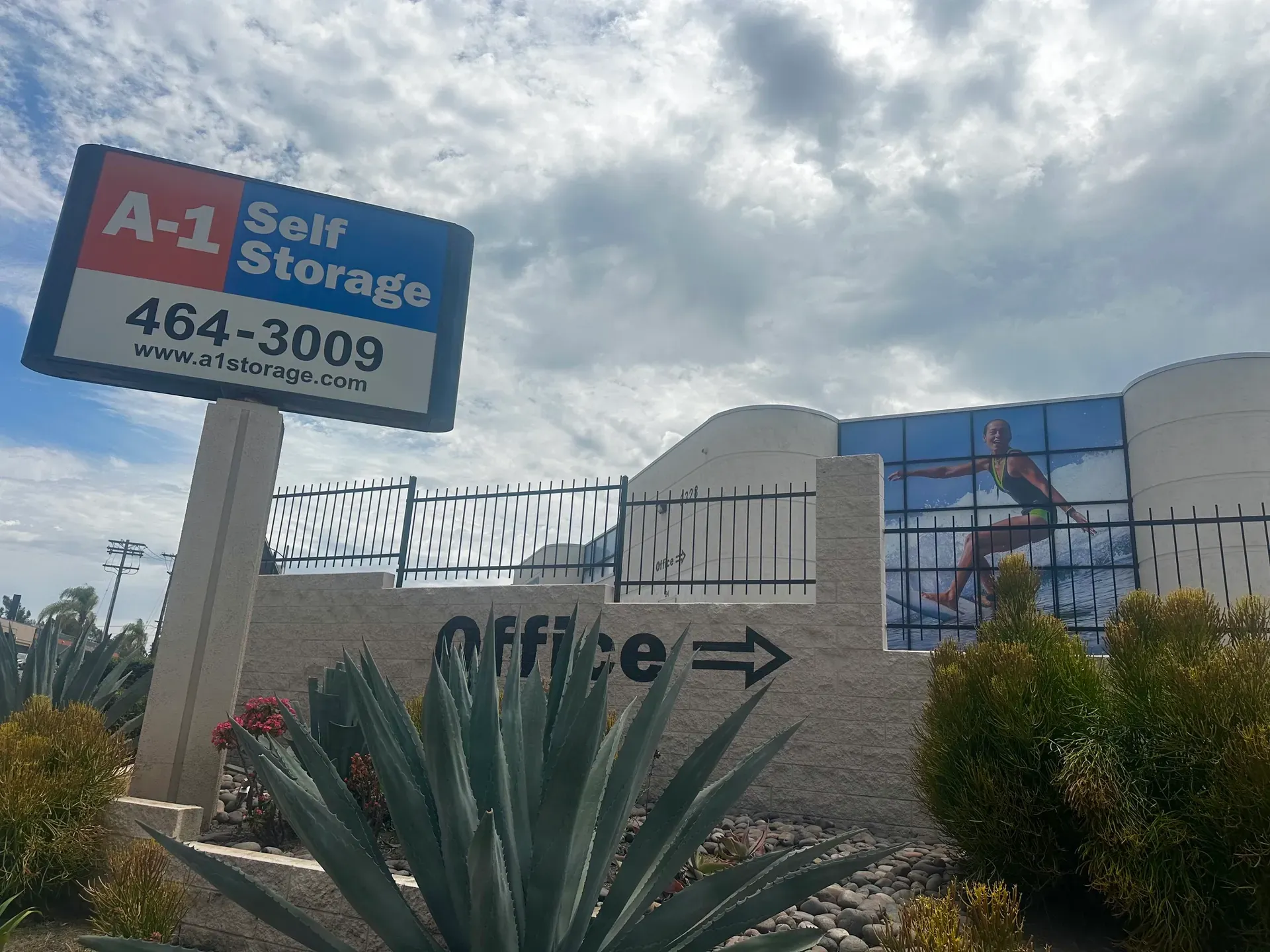 A-1 Self Storage Sign and Surfing Mural with Office Sign