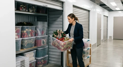 A woman carries a clear plastic bin filled with holiday ornaments and decorations inside an organized self storage unit.